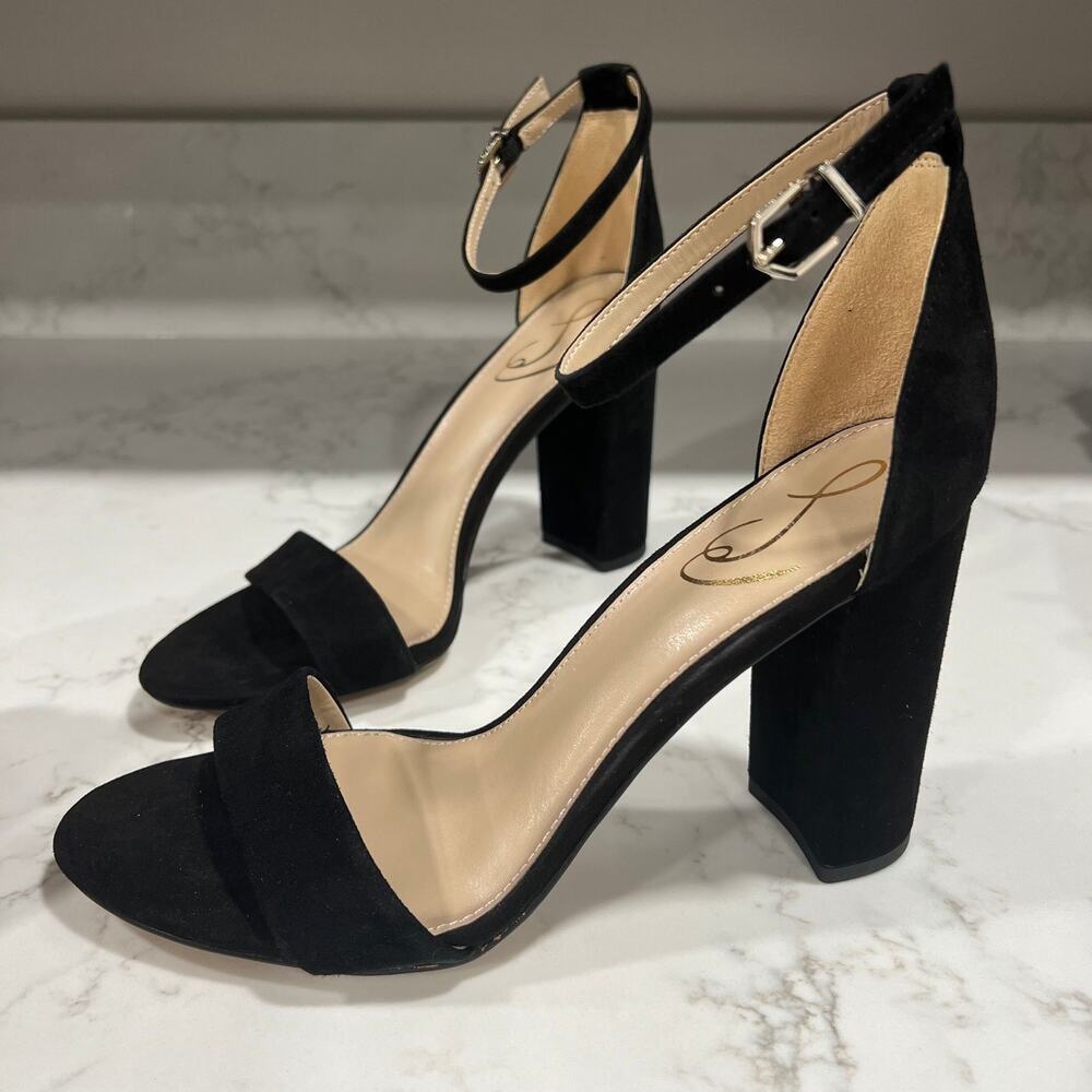 New Sam Edelman Yaro Sandals Black Suede Ankle-Strap Block Heel Sz 9.5